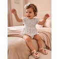 thumbnail image 4 of BemeyourBBs Newborn Baby Girl Summer Clothes Smocked Bubble Romper Cotton Linen Outfits Cherry Floral Print Crew Neck Flying Sleeve Bodysuit and Bow Headband 2 Pcs Set, 4 of 9