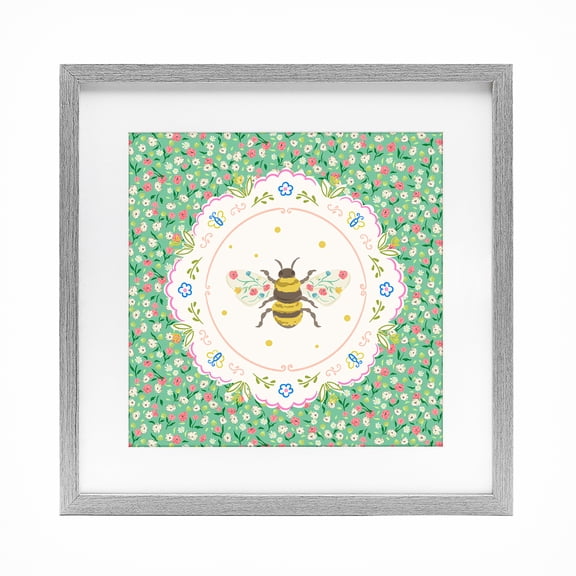 Stupell Industries Shabby Chic Spring Bee Delicate Florals Gray Framed Print Under Glass, 16 x 16, by Abhinaya Sudharsam