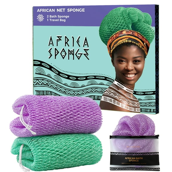 Afroscrub African Exfoliating Net Sponge - 2 Pieces Authentic African Net Sponge with Knots - Exfoliating Wash Cloths for Body Scrubber Seawave & Lilac - Back Scrub Exfoliator for Shower Bath