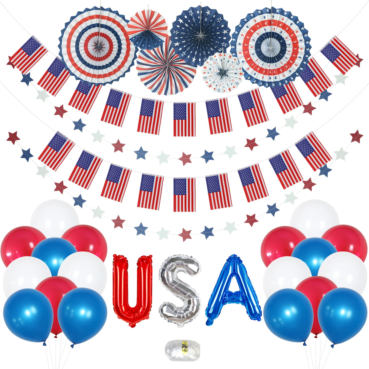Patriotic Party Favor Indoor/Outdoor Decoration Veterans Day Swirl Streamer,Balloon,Cupcake Topper for 4th of July Memorial Day Independence Day 54 Pcs Patriotic Party Supplies of Banner 