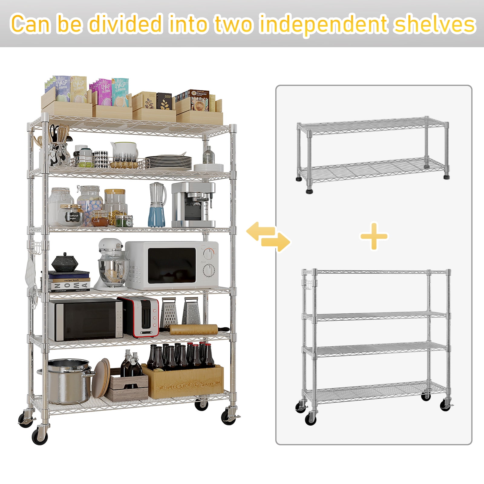 Ktaxon 6 Tier Wire Shelving with Wheels 2400LBS Capacity,  Heavy Duty Storage Rack for Home Garage, 46"W x 18"D x 82"H Adjustable Shelves, Silver