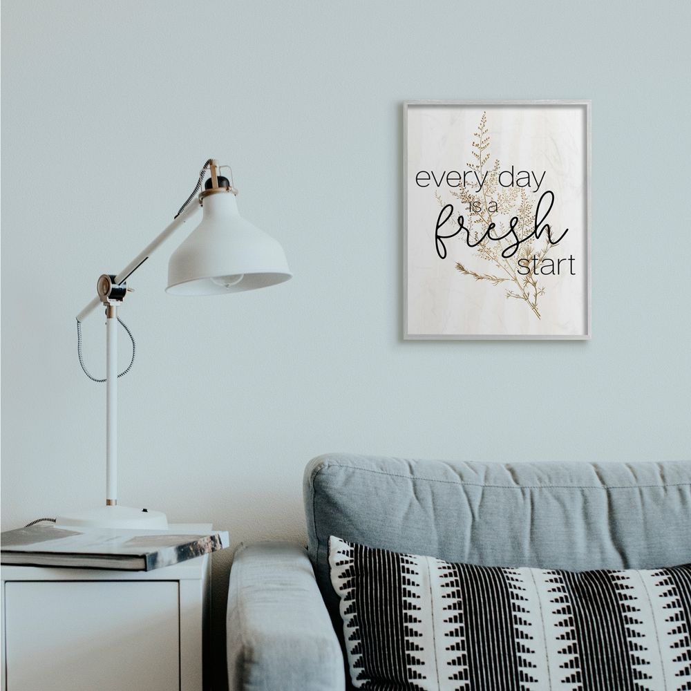 Stupell Industries Everyday Fresh Start Quote Text Script Gold Black Nature Framed Wall Art Design by Daphne Polselli, 16" x 20", Gray Framed