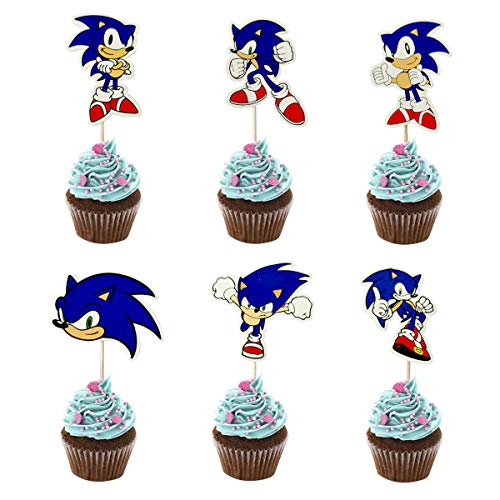 48PCS Sonic Cupcake Toppers for Kids Birthday Party Cake Decoration