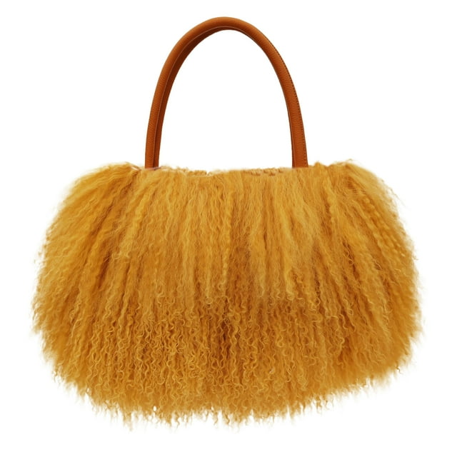 FINILUO-Bolso de mano de piel de lana mongol de cordero Real de lujo para mujer con asas de cuero genuino