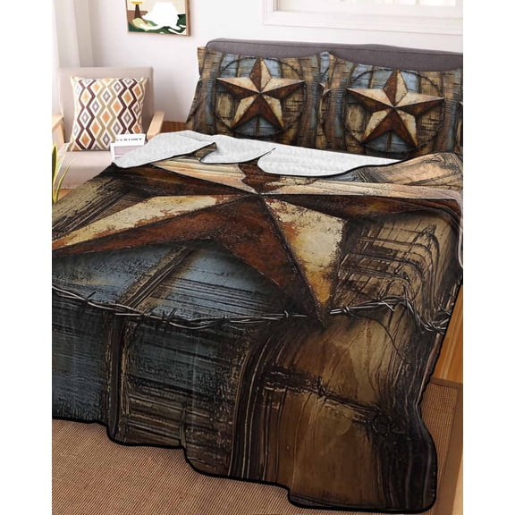 Rustic Star Brown King Size Down Alternative Comforter, Lightweight Comforter Quilt Bedding Set with Pillow Shams Vintage Farmhouse Wooden Grain Art All Seasons Bed Comforter Duvet Insert 96"x106"