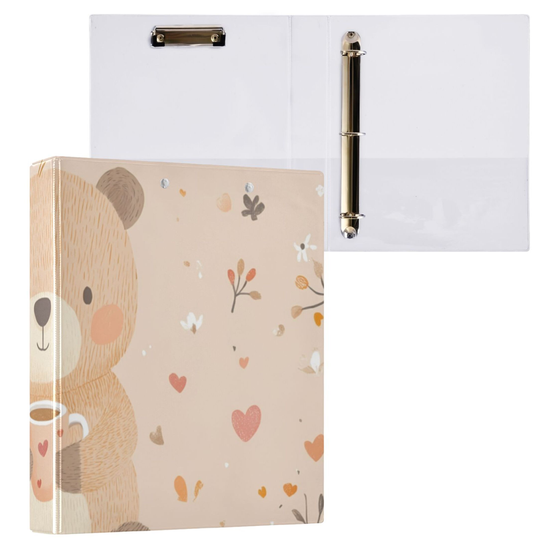 Cute Cartoon Bear 3 Ring Binders 1.5 inch Hardcover File Folders with Interior Pockets A4 Size Organizer for School Office Hospital