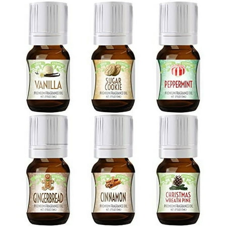 Winter Essential Oil Set of 6 Fragrance Oils - Christmas Wreath Pine, Vanilla, Peppermint, Cinnamon, Sugar Cookie, and Gingerbread by Good Essential Oils - 5ml Bottles