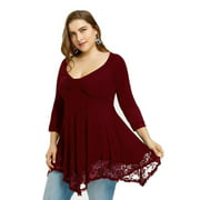 U.Vomade Women's Solid Plus Size Round Neck Lace Long Sleeve Top
