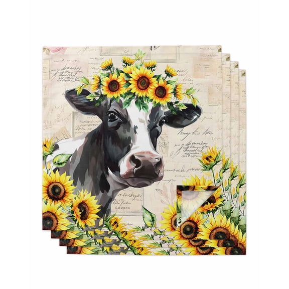 Farmhouse Cow Cloth Napkins Set of 4 Reusable Dinner Napkins, Pastoral Vintage Sunflower Botanical Floral Cocktail Napkin Washable Table Napkins for Wedding/Holiday Party/Baby Shower 20"x20"