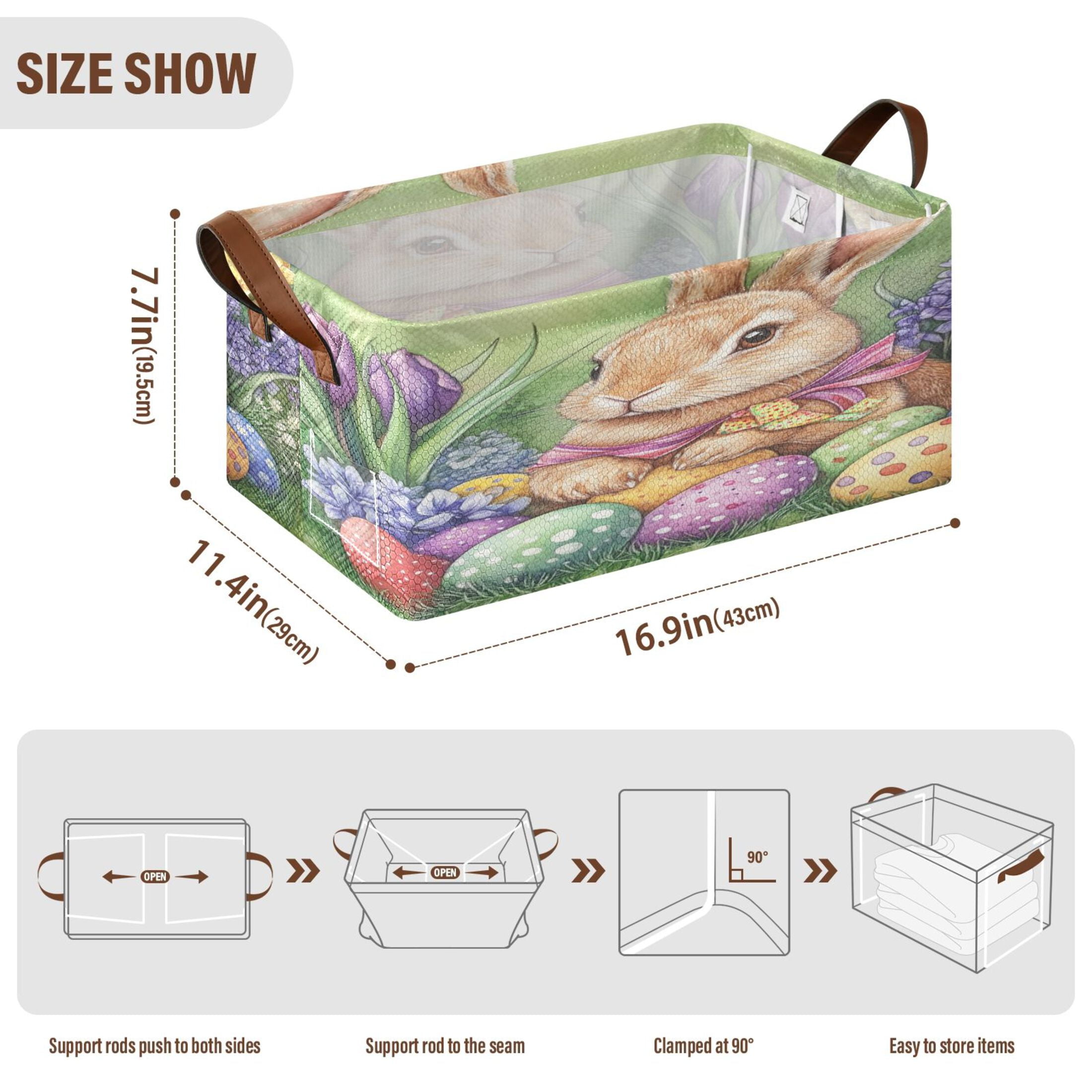 Wobogo Easter Orange Bunny Storage Basket Soccer Plaid Fabric Oversized Collapsible Hoard Box with Metal Iron Frame 16.9×11.4×7.7in
