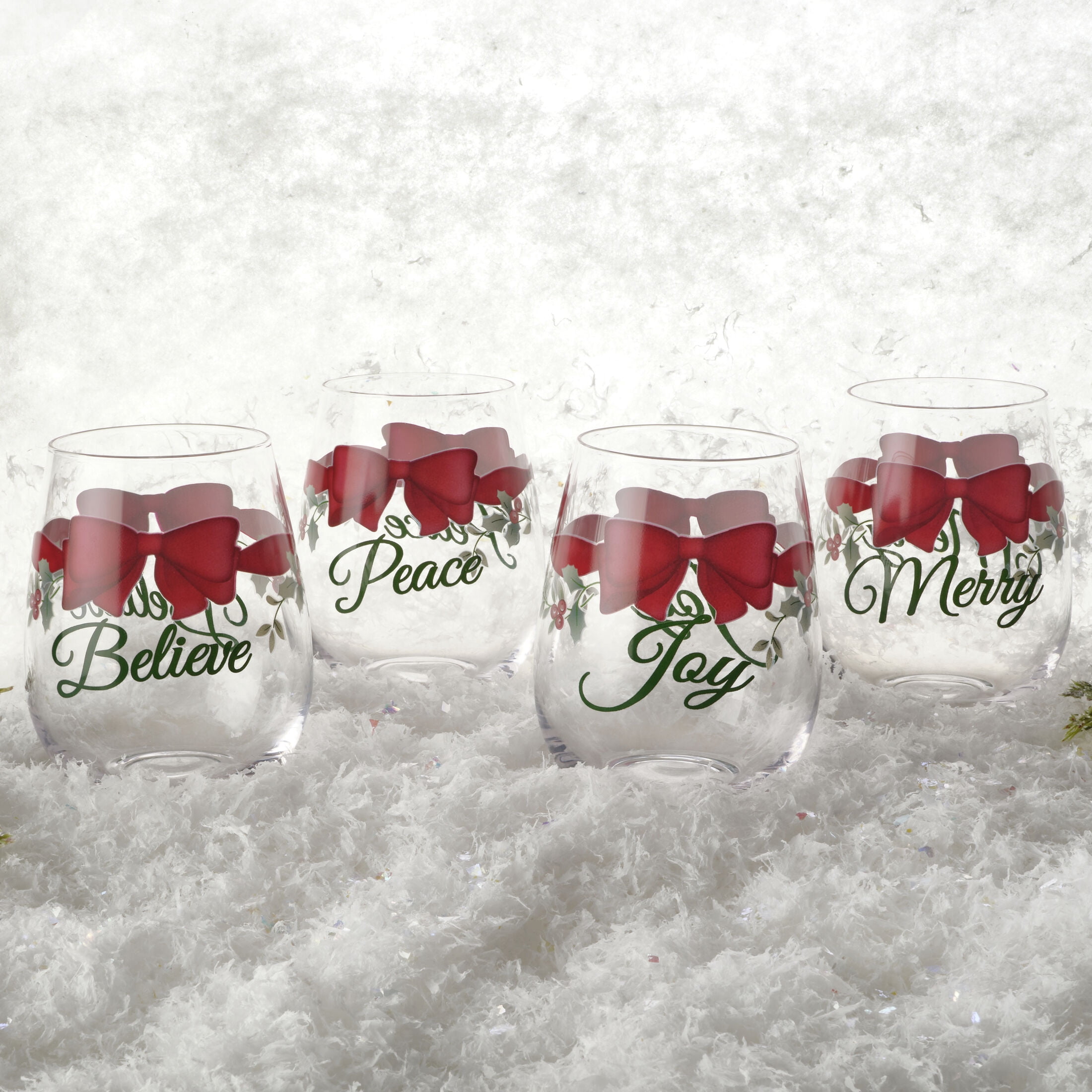 Pfaltzgraff Winterberry 19.3 oz Stemless Wine Red Ribbon Set of 4