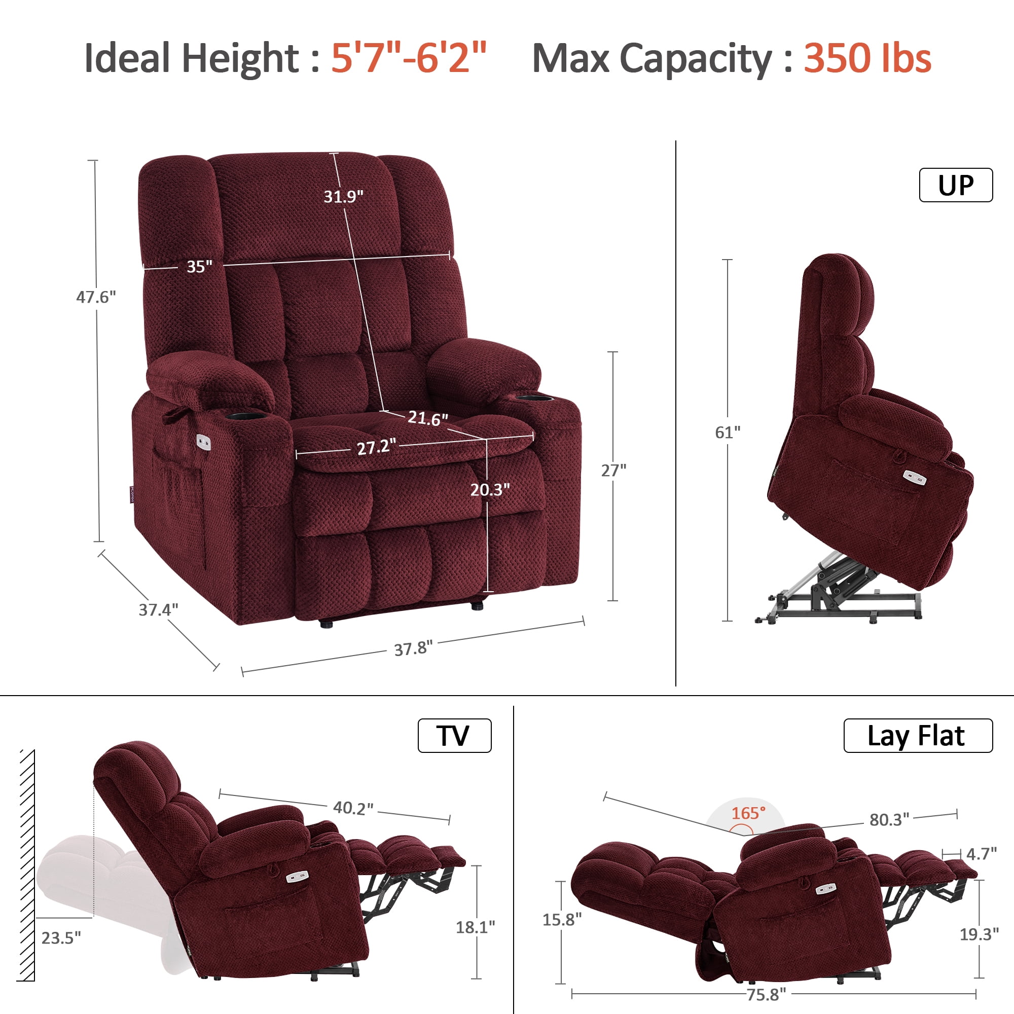 MCombo Oversized 27.2" Seat Width Dual Motor Power Recliner Lift Chair with Vibration and Heat for Height 5'7"-6'2", Infinite Position