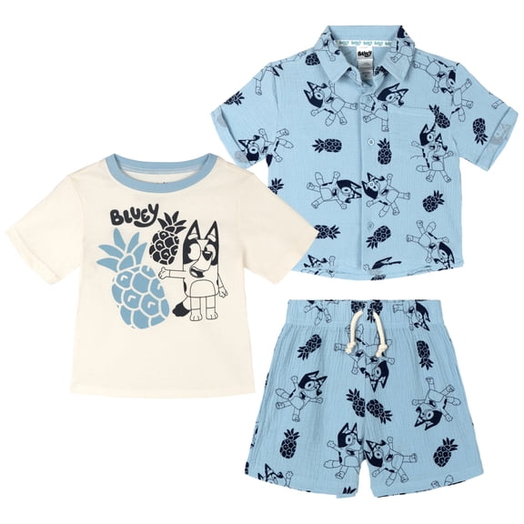 Bluey Cotton Gauze Button Down Shirt, T-Shirt and Shorts 3 Piece Outfit Set Infant to Little Kid