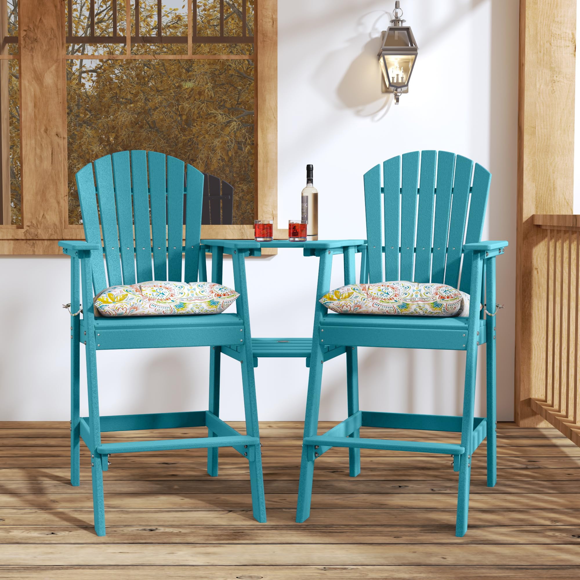 Tall Adirondack Chairs Set of 2 with Table, Patio HDPE Bar Set, 3 PCS Counter Height Dining Bistro Set, Pub Table with Stools, 2 Umbrella Hole Caps, Teal