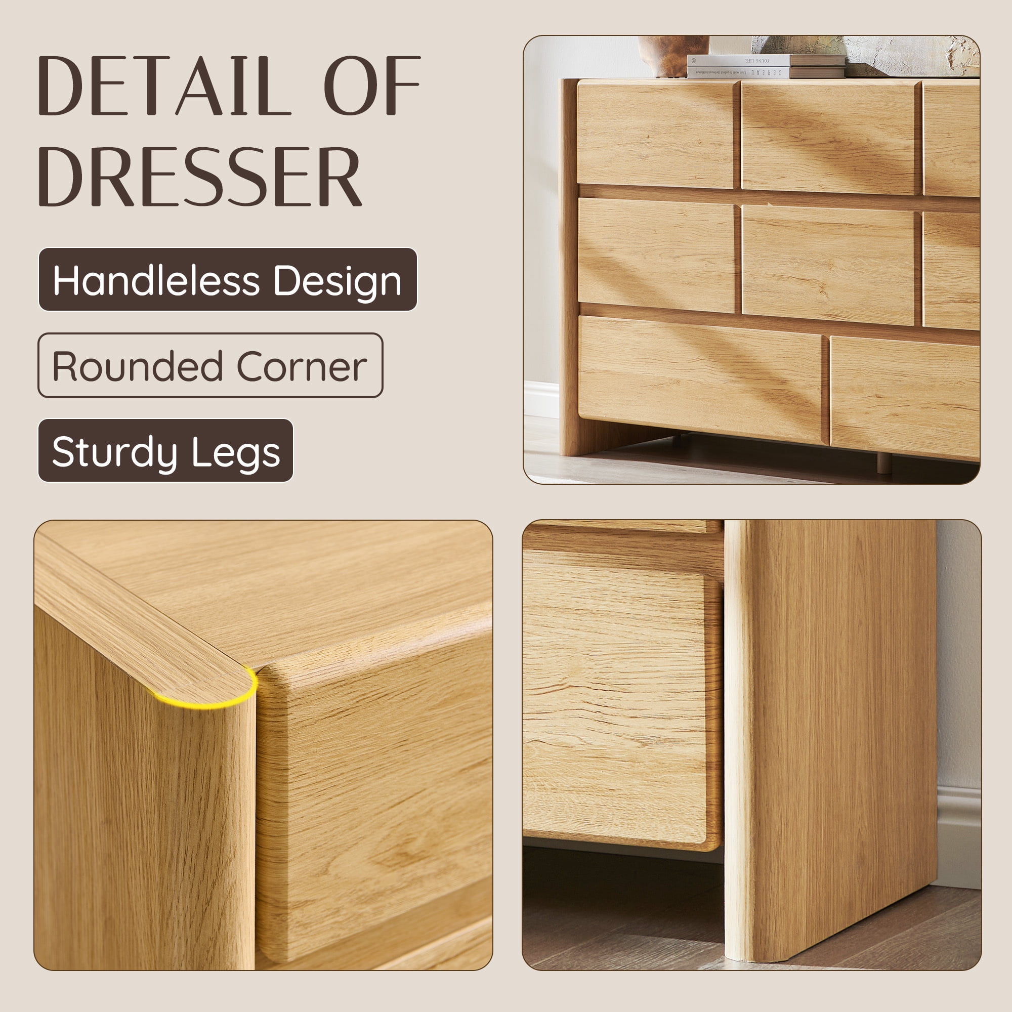 wow97e Modern 8 Drawers Dresser for Bedroom, 55" Wide Natural Wood Chest of Drawers w/Rounded Corner & Handless Design for Living Room