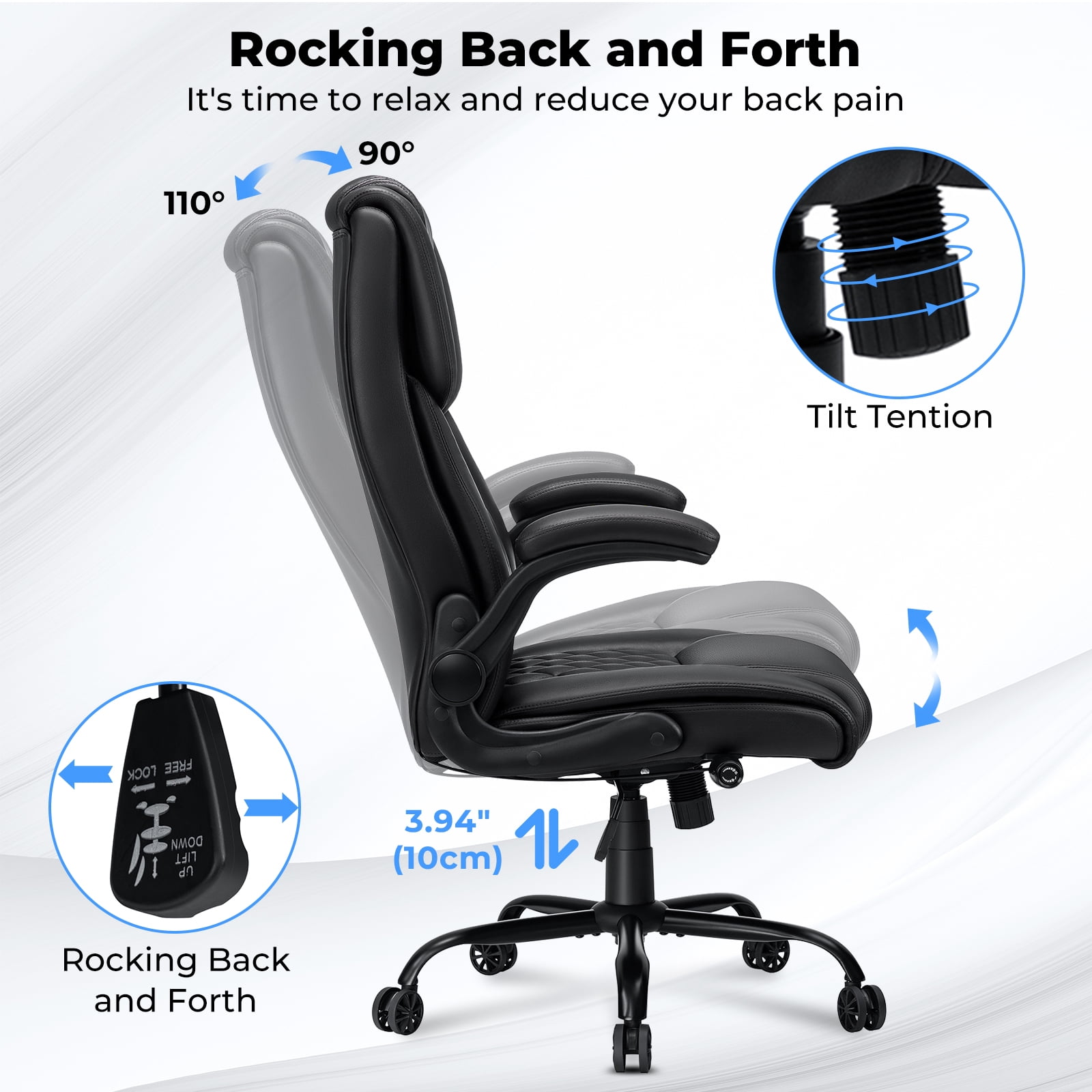 Hoffree Big and Tall Office Chair, 500lbs Executive Desk Chair with Adjustable Lumbar Support Ergonomic Computer Leather Chair with Padded Flip-up Arms for Home Office