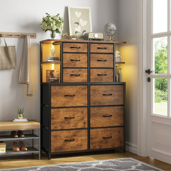Enhome dresser for Bedroom Dresser with LED Lights Fabric Dressers & Chests of Drawers with 12 Drawers & Open Shelves