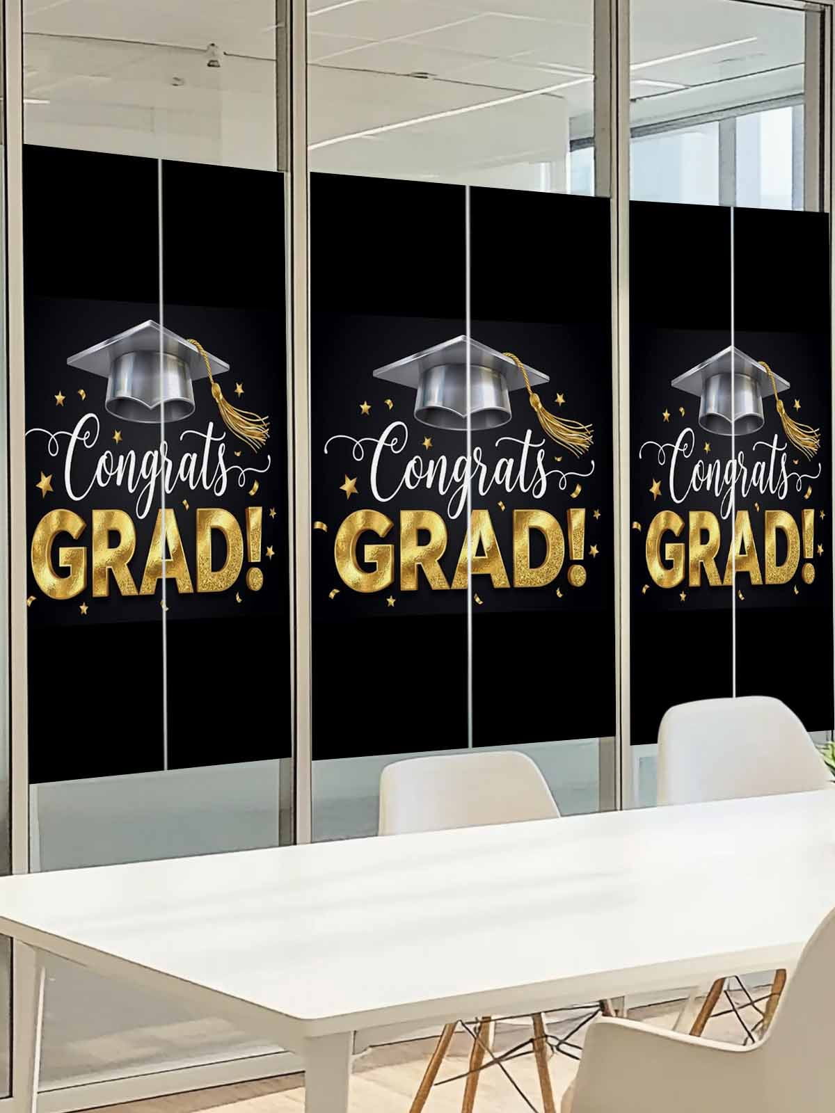 Graduate Season Window Privacy Film, Congrats Grad Bachelor's Cap Celebration Black Frosted Glass Window Clings Static Cling UV Heat Blocking Reusable Door Sticker for Bathroom 23.6 x 59 Inch