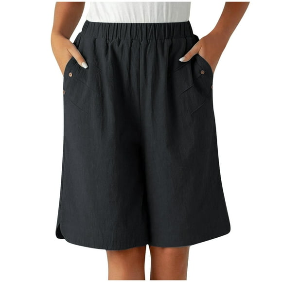 Maplenight Bermuda Shorts for Women Wide Leg Linen Knee Length Summer Casual Long Shorts Loose High Waisted Short with Pockets