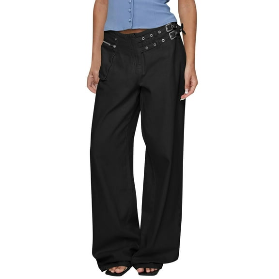 YanHoo Wide Leg Jeans Women Low Waist Pull On Baggy Jeans for Women Stretchy Cotton Jean Pants Straight Leg Denim Pants Black,L