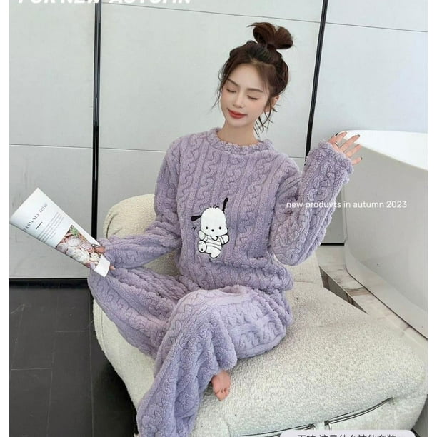 YUANOU Ladies Fleece Pyjama Set Soft Warm Crew Neck Top Pants Loungewear  Nightwear(Purple)