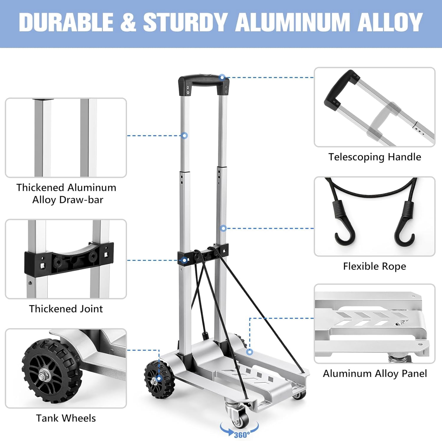 270LBS Utility Luggage Cart with 4 Wheels, 100% Aluminum Hand Truck Dolly, Folding Hand Truck with Advanced Tank Wheels, Portable Dolly Cart for Luggage, Travel, Shopping, Office Use