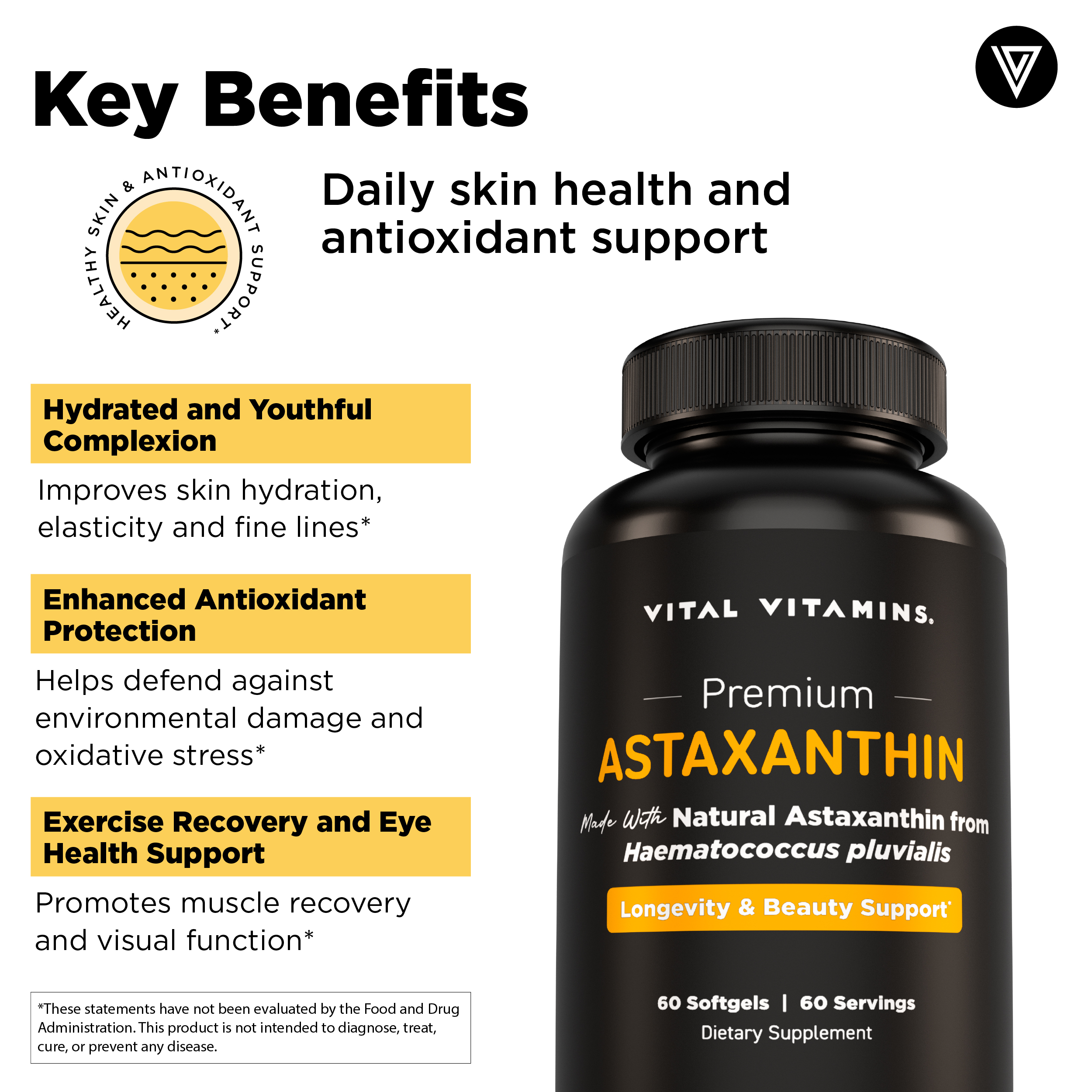 Vital Vitamins Astaxanthin 12mg Softgels - Made with Natural Astaxanthin - Supplement to Promote Skin Hydration, Elasticity - Defends Cells Against Daily Damage - Vegan - 60 Soft Gels