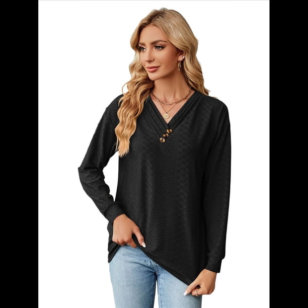 Blusas de Larga con Cuello en V para Mujer, Blusas Casuales Tipo Jersey, Blusas Holgadas y Elegantes, Blusas Tipo Túnica para Otoño. Negro M