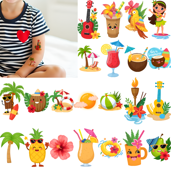 54 Temporary Tattoo Stickers Waterproof Long-lasting Body Stickers Hawaiian Beach Coconut Tree Ice Cream Swim Ring Kids Boys Girls Tattoo Stickers Arms Arms Shoulders Cheeks
