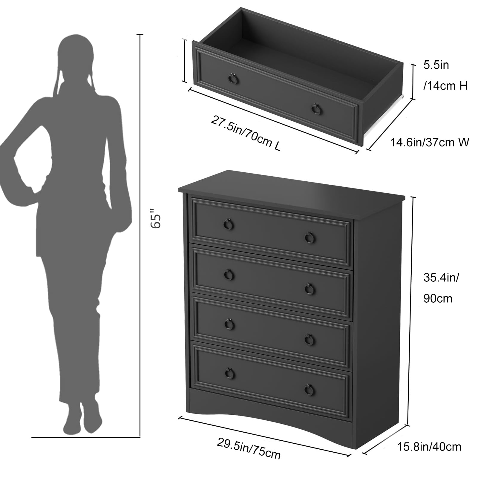 Holliwill Modern Drawer Dresser for Living Room, Bedroom, Hallway, Dresser Chest with 4 Drawers, Black