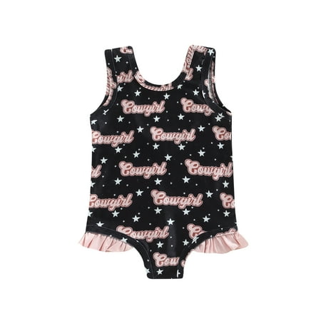 

Eyicmarn Toddler Girls Summer Romper Bathing Suit Sleeveless Round Neck Letter/Cow Print Swimwear