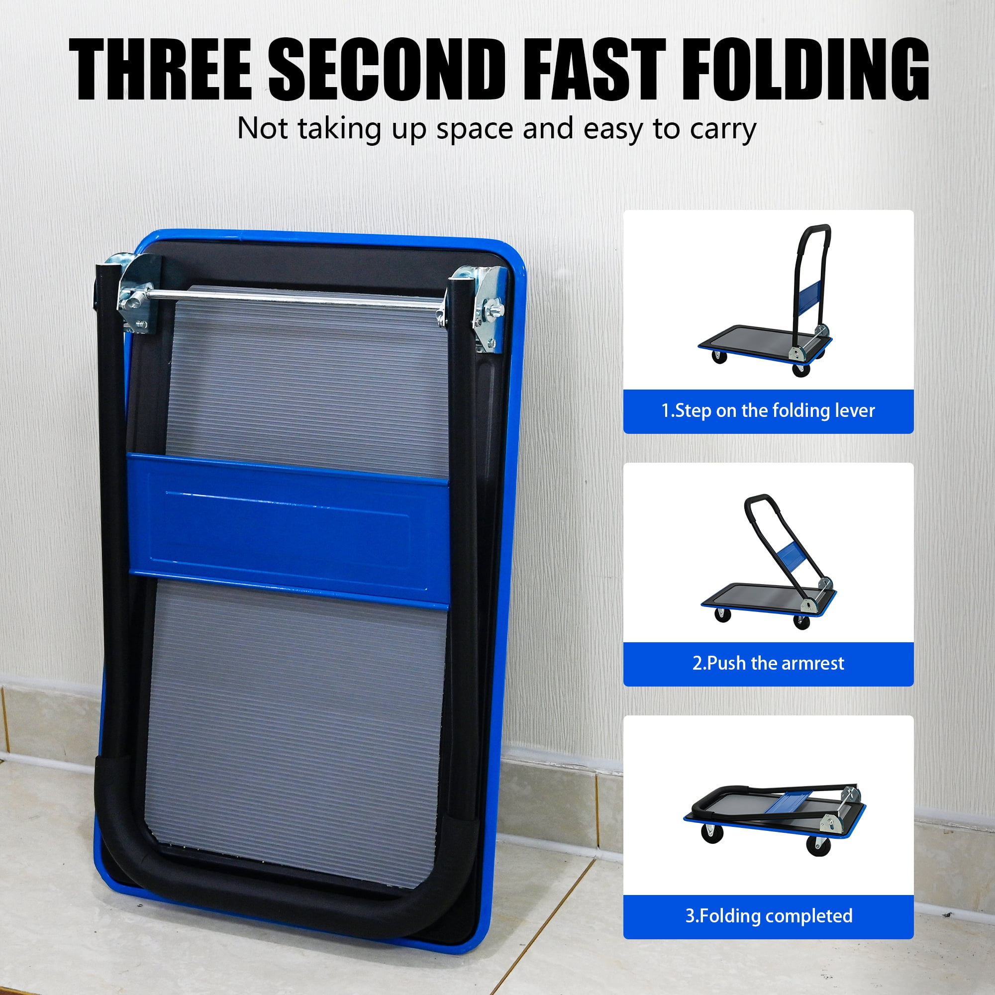 Flatbed Cart, 330lbs Heavy Duty Capacity Platform Hand Truck 360 Degree Swivel Wheels Foldable Push Hand Cart for Loading and Storage, Warehouse-Blue