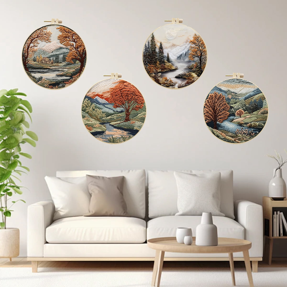 NEONWE 4 Set Embroidery Kit for Adult Beginner, with Landscape Tree Mountain Floral Nature Scenery Patterns Kits Boho Rustic Arts & Crafts Set, with Hoop, Colored Threads, Needles, and Instructions