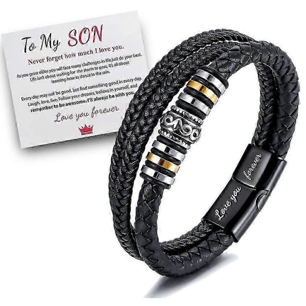 To My Son Love You Forever Leather Braided Bracelet Wristband + Gift Card Mens