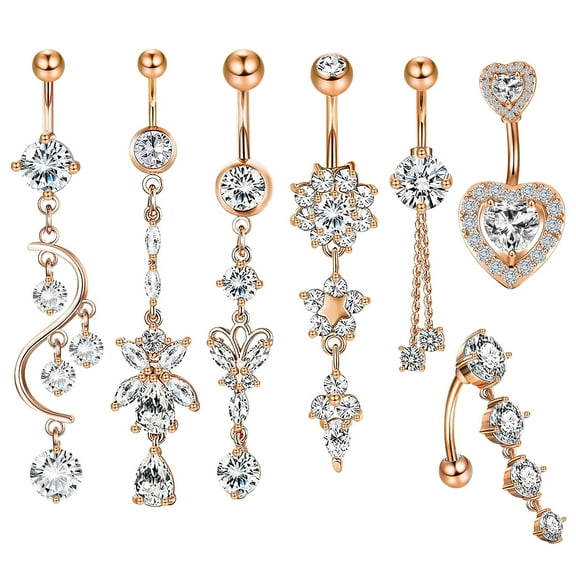 Designice 14G Belly Button Ring,Long Belly,Button Navel Rings,Piercing Jewelry,Rose Gold,7 Pcs