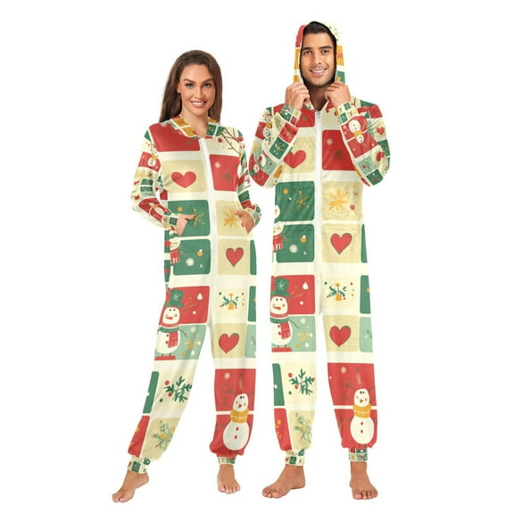 Christmas Squares Adult Onesie Pajamas Slim Fit Christmas One Piece Suit Pjs for Women and Men Hooded Zipper