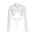 thumbnail image 3 of Yuemengxuan Women Summer Crop Tops, Solid Color Stand Neck Long Sleeve Strappy Shirt, 3 of 9
