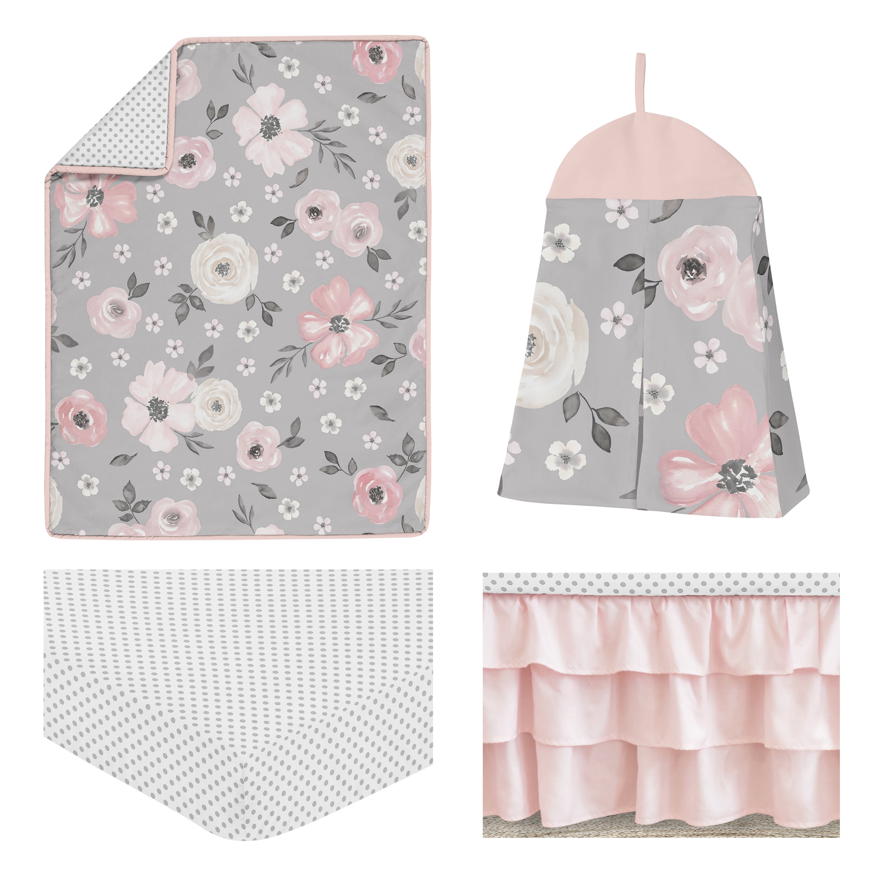 Sweet Jojo Designs Watercolor Floral Grey and Pink 4 Piece Crib Bedding Set