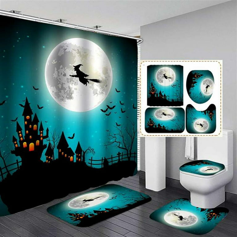 Halloween Bathroom Rugs And Curtains Set - 4 Pieces Pack