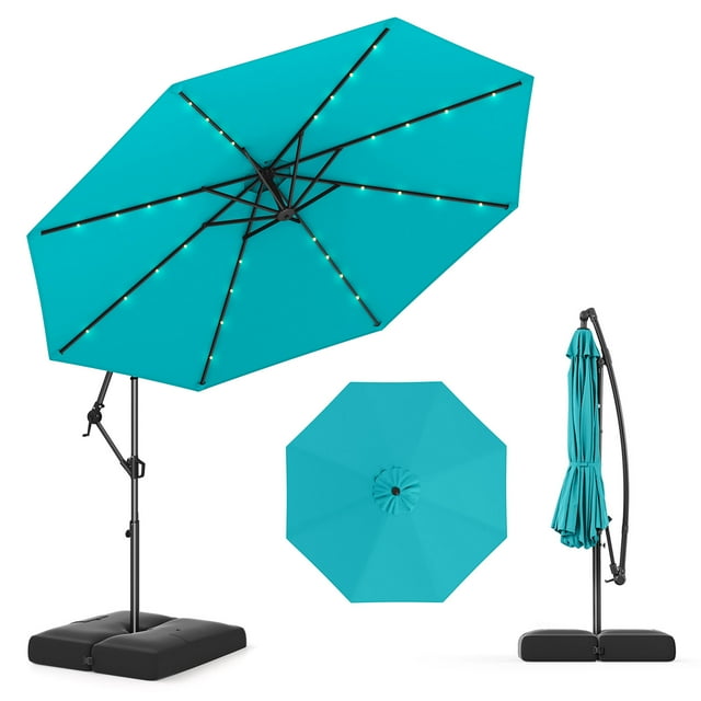 Gymax 10 FT Solar Offset Hanging Umbrella Patio Cantilever Umbrella w/ 32 LED Lights Turquoise