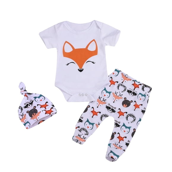 Vêtements pour Tout-Petit Bébé Fille Garçon, Hauts à Imprimé Fox, Barboteuse, Pantalons, Chapeau, Ensembles