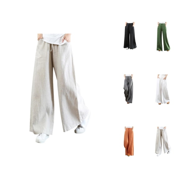 Palazzo Pants for Women Cotton Linen Elastic High Waist Wide Leg Loose Fit Flowy Lounge Pants with Pockets