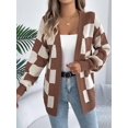 thumbnail image 6 of Women'S Autumn and Winter Contrast Color Plaid Lantern Sleeve Cardigan Sweater Mid-Length Coat Coffee Color M, 6 of 9