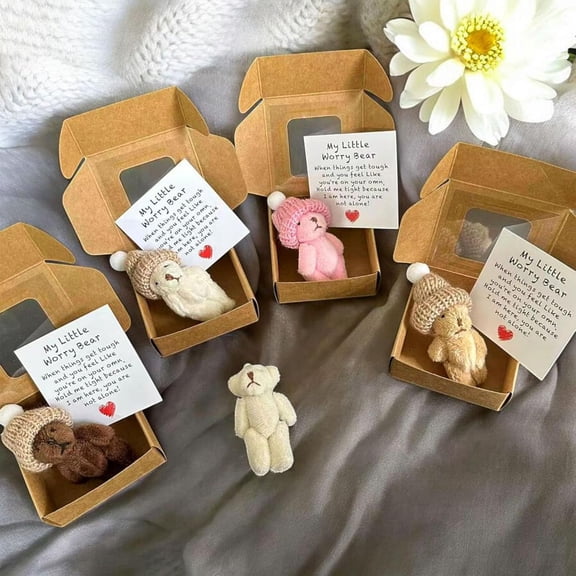 YEPOLERCE Handmade Mini Plush Teddy Bear in Box with Knitted Hat & Encouragement Card, Pocket-Sized Worry Bear Gift for Friends Coworkers
