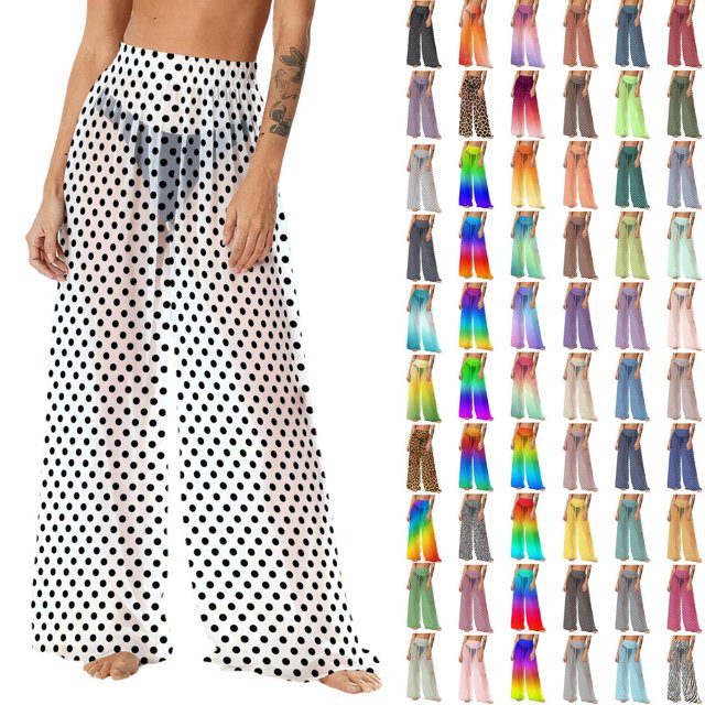 Pincandy Women See Through Sheer Mesh Pants Beach Swimsuit Bikini Bottom Cover up Party Club Elastic High Waist Wide Leg Pants