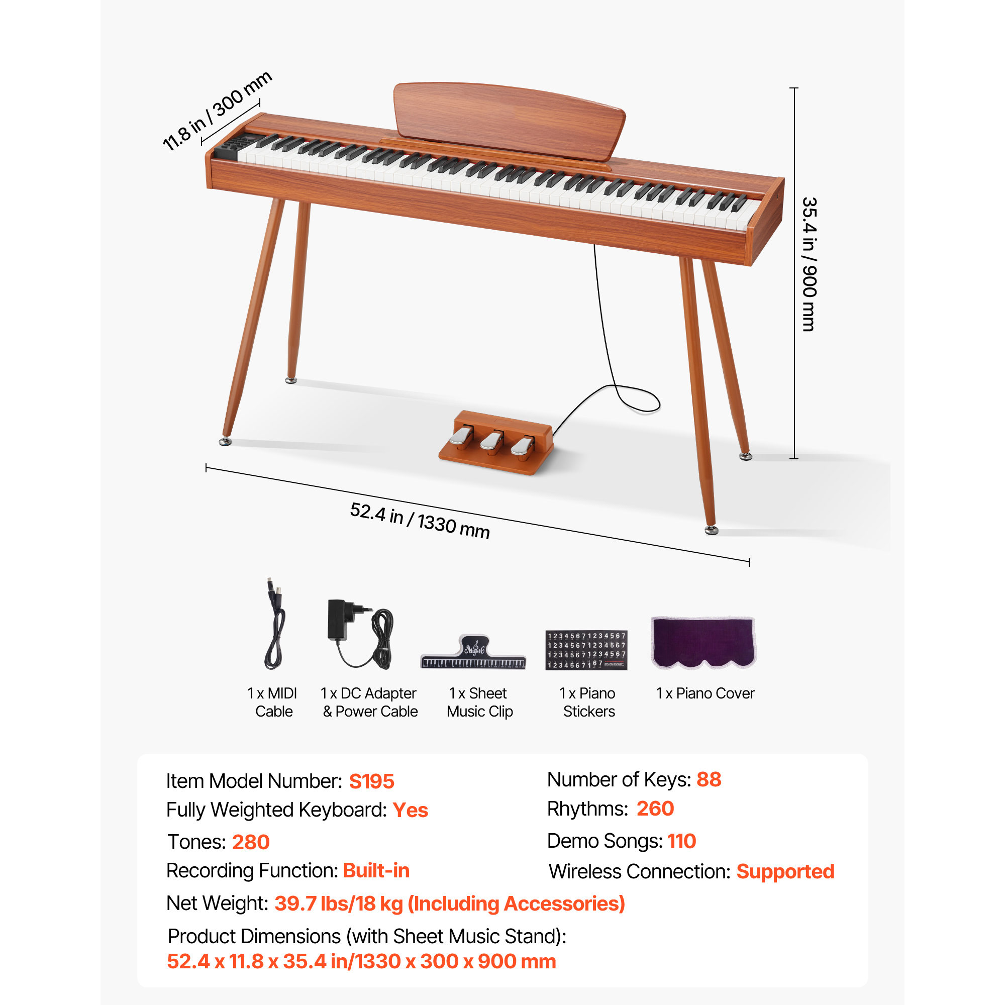 KFFKFF 88-Key Fully Weighted Digital Piano, Electric Keyboard with Music Stand, Triple Pedal, Power Adapter, 280 Tones, Wireless Connectivity, Ideal for Beginners, Wooden Finish