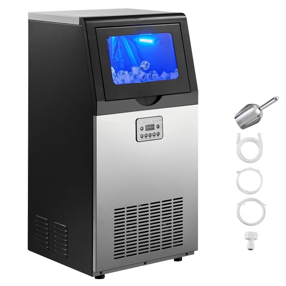 KFFKFF Commercial Ice Maker Machine, 120 lbs/24h with 30 lbs Storage Capacity, Built-in/Freestanding/Under Counter, Stainless Steel Ice Maker with LED Display & Self-Cleaning