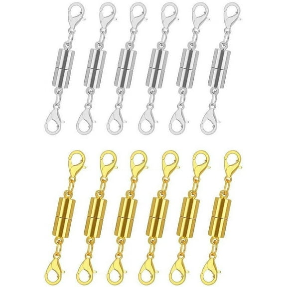 Pack of 12 Gold and Silver Color Magnetic Lobster Clasps for Jewelry. Strong Magnet Accessory for Necklace, Bracelet. DIY Friendly. (Regular)