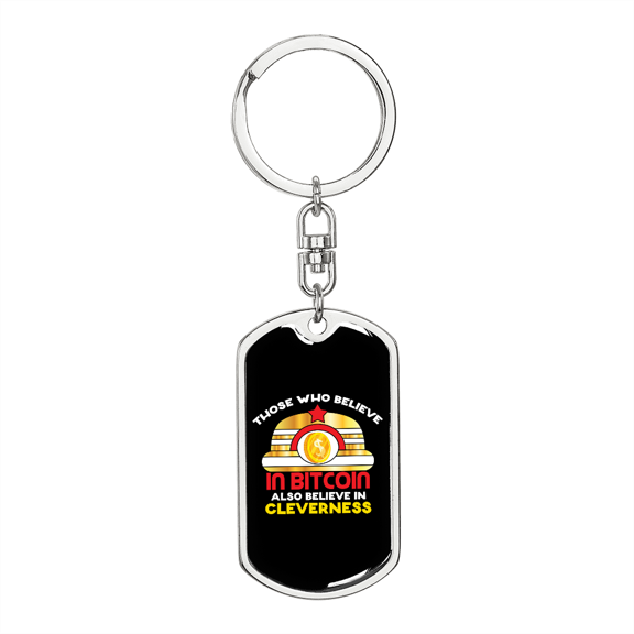 Cleverness Bitcoin Crypto Stainless Steel or 18k Gold Premium Swivel Dog Tag Keychain