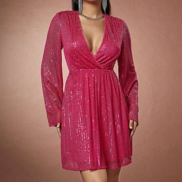 FcBaudy Robe à Manches Longues à Col en V, Robes d'Été pour Femmes, Robes pour Femmes Robes Décontractées à Col Ample Unies à Manches Longues Robe Confortable Robe pour Femme